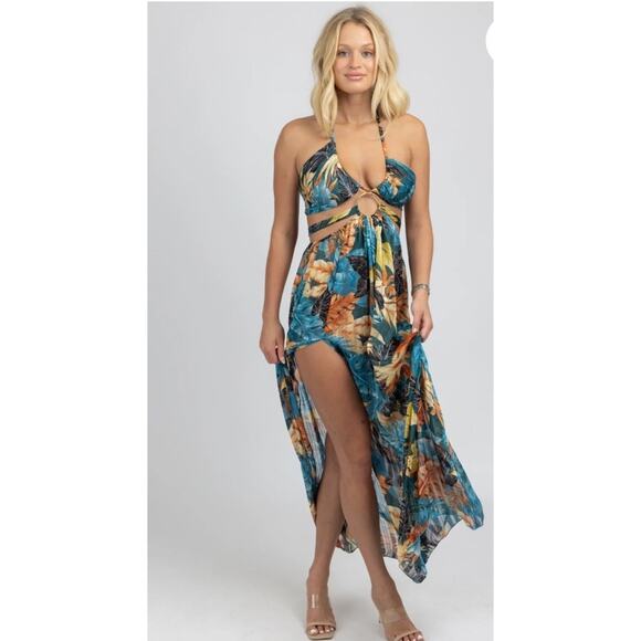 NWT L'ABEYE TEAL TROPICAL HIGH SLIT MAXI COVER UP M ES - Picture 3 of 5